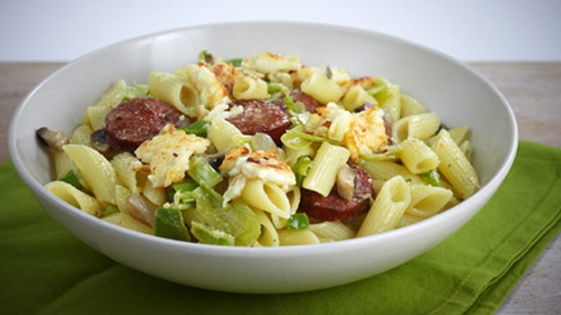 recipe image Μακαρονάδα με μανιτάρια και λουκάνικο