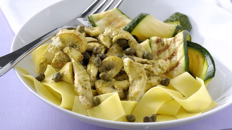 recipe image Κοτοπουλο pestο με μανιταρια και παπαρδελες