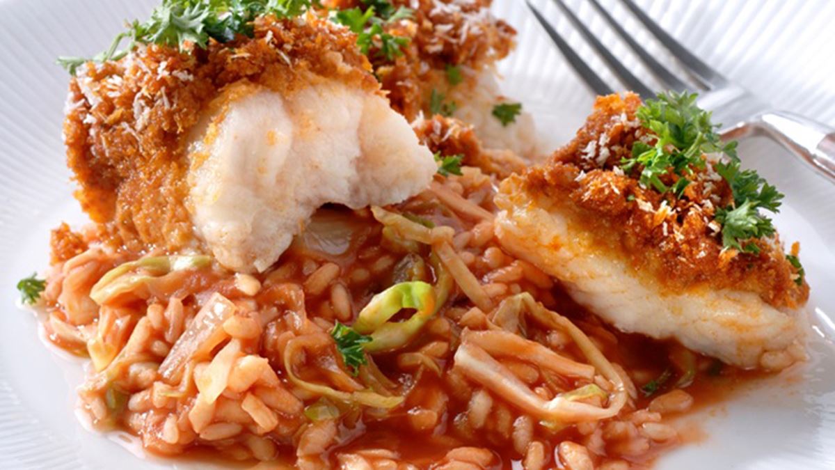 recipe image Φιλέτο ψαριού στο φούρνο με ριζότο ντοματας